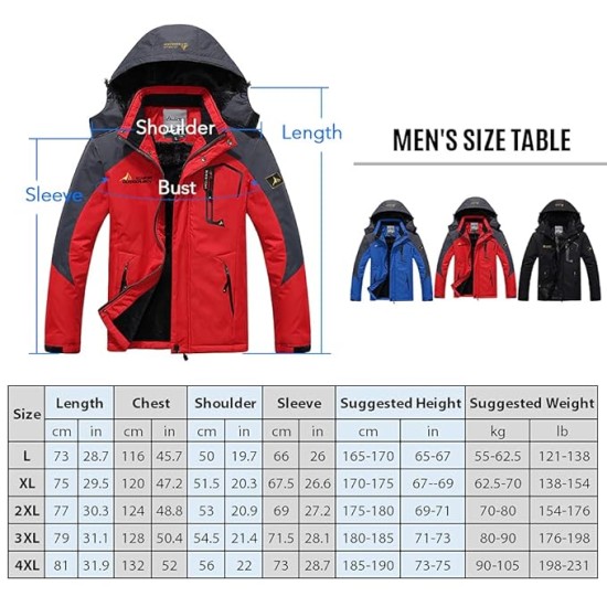 Men's Mountain Waterproof Ski Windproof Winter Warm Jacket for Camping Hiking Skiing