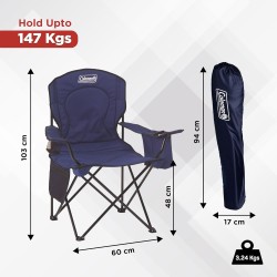 Coleman polyester sturdy foldable oversized quad camping chair with attached can cooler and cup holder ( blue)