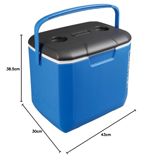 Coleman 30qt excursion ice box 28l large cooler box with strong handle holds 38cans and 2 litre bottle upright blue 