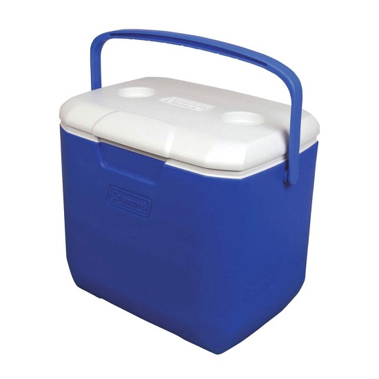 Coleman 30qt excursion ice box 28l large cooler box with strong handle holds 38cans and 2 litre bottle upright blue 