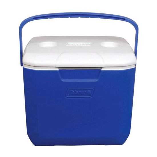 Coleman 30qt excursion ice box 28l large cooler box with strong handle holds 38cans and 2 litre bottle upright blue 