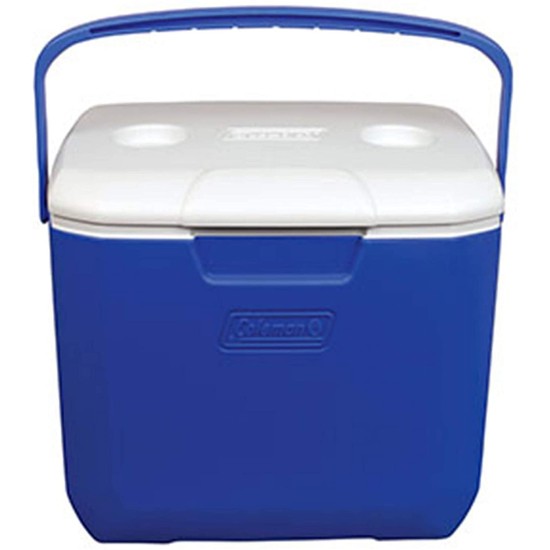Coleman 30qt excursion ice box 28l large cooler box with strong handle holds 38cans and 2 litre bottle upright blue 
