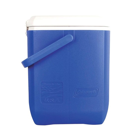 Coleman 30qt excursion ice box 28l large cooler box with strong handle holds 38cans and 2 litre bottle upright blue 