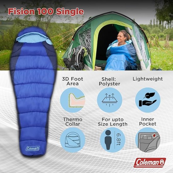 Coleman fision 100 single mummy sleeping bag for adults comfort-9 temprature to -8 temprature height upto6/8 feet winter travel bed waterproof lightweight Coleman fision 100 single mummy sleeping bag for adults comfort-9 temprature to -8 temprature height upto6/8 feet winter travel bed waterproof lightweight